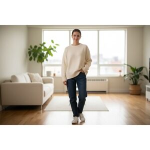 LouLou Studio Women Ribbed Merino Wool Crewneck Sweater Size L Cream